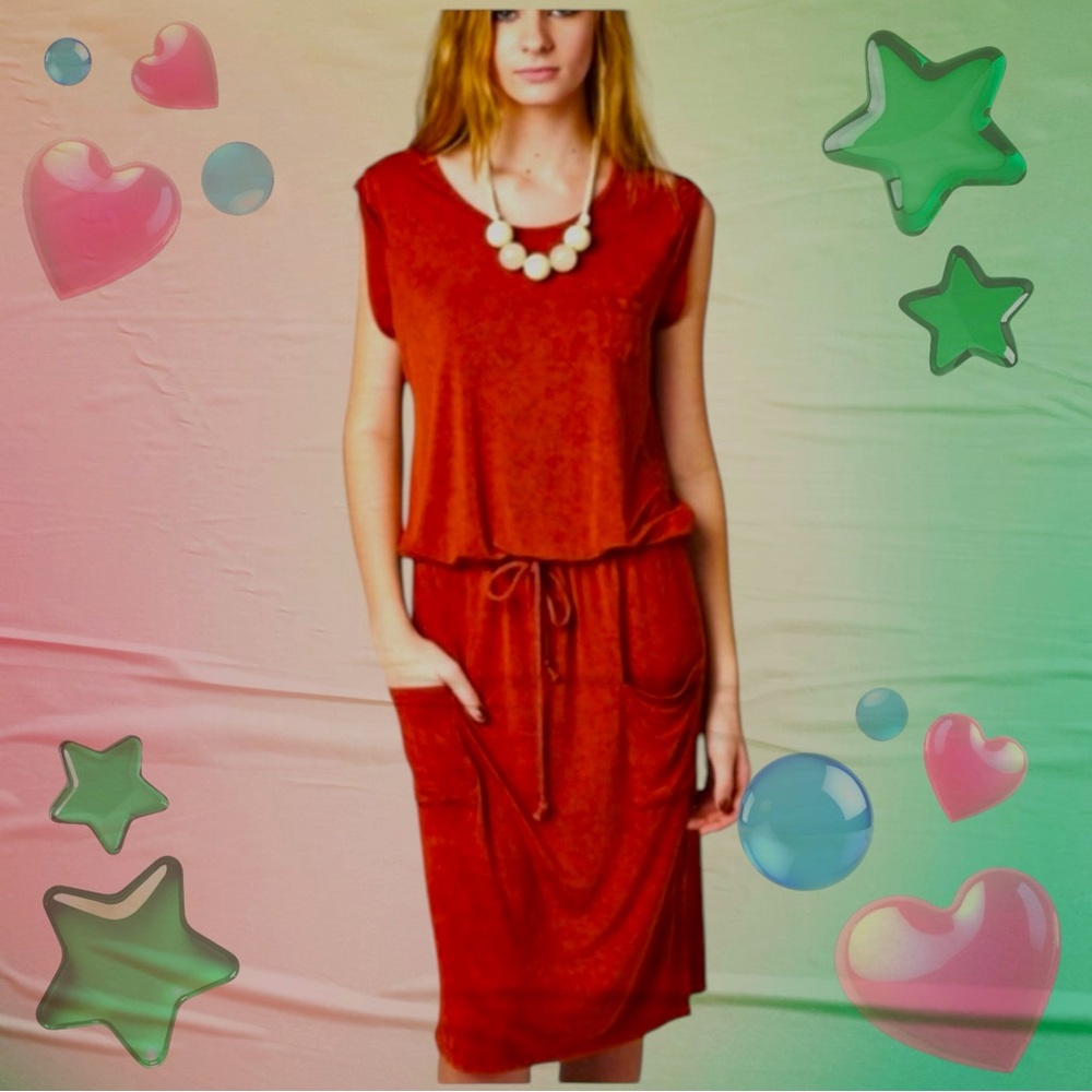 🆕 POL - Stylish Washed Red Dress with Pockets - Sleeveless Jersey